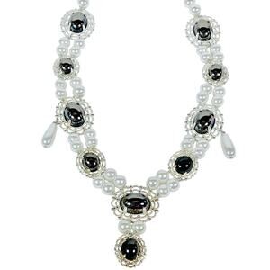 Renaissance Medieval Pearl Beaded Necklace Black White Elegant Jewelry Faux 11"